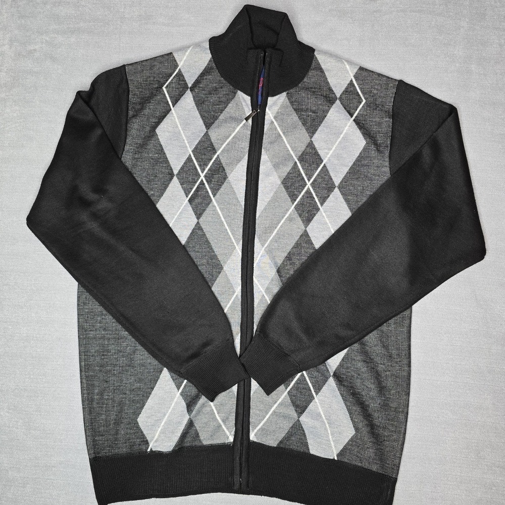 Argyle Sweater‎ Men's XXL Gray Black Full Zip Grandpacore Preppy EUC